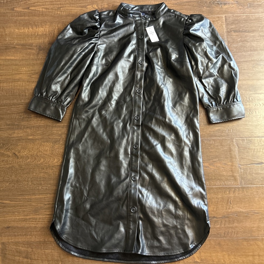 GAP Womens XS Faux Leather Shirt Dress Black Puff Sleeve Gothic NWT $89 Tag
